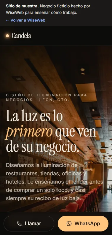 Vista en celular del sitio de muestra de Candela Estudio de Luz